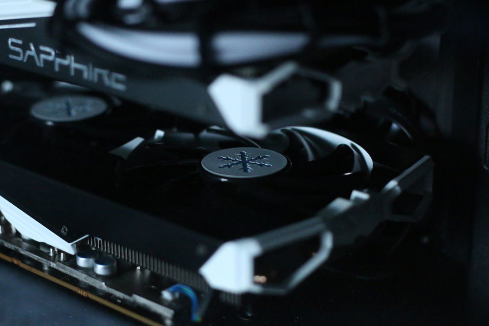 A detail shot of the new custom fanhub stickers that are both GPU's.