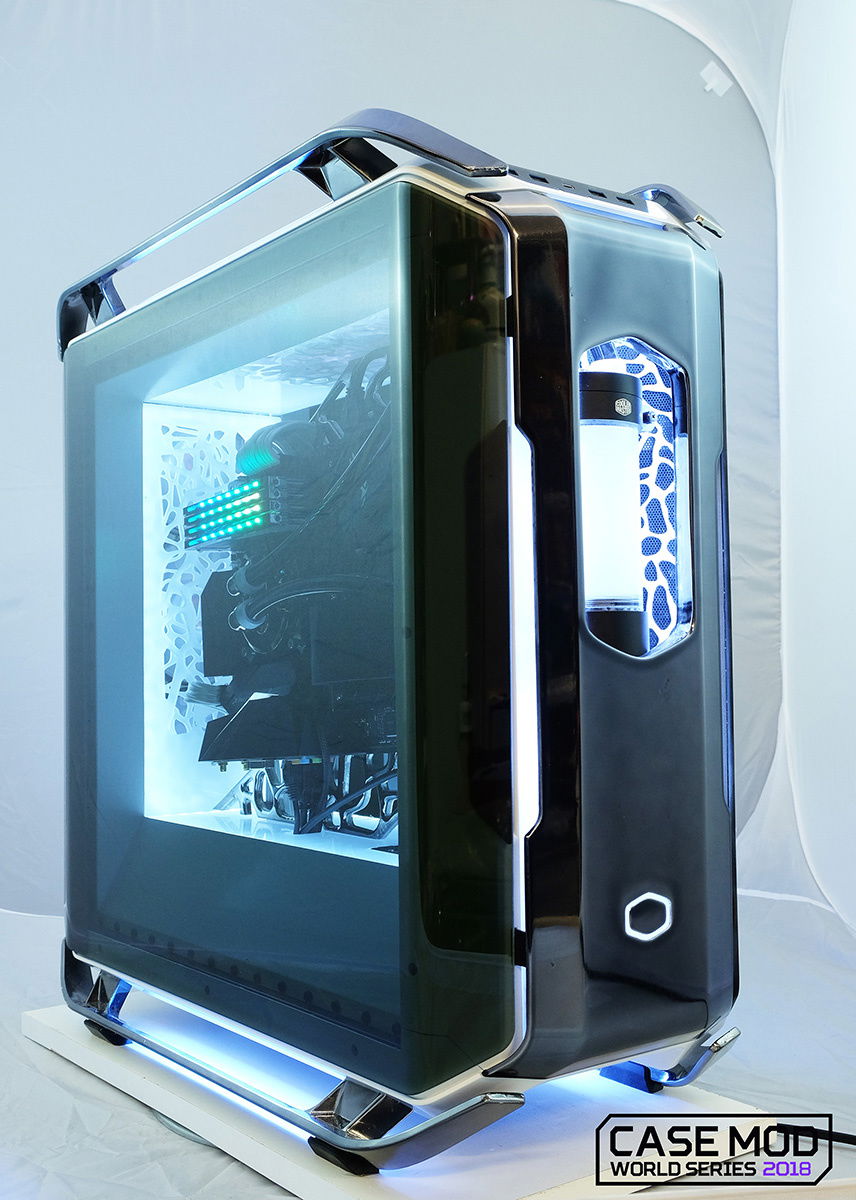 Front of case with custom mounted reservoir cutout, and rebadged a lit Cooler Master logo ring.