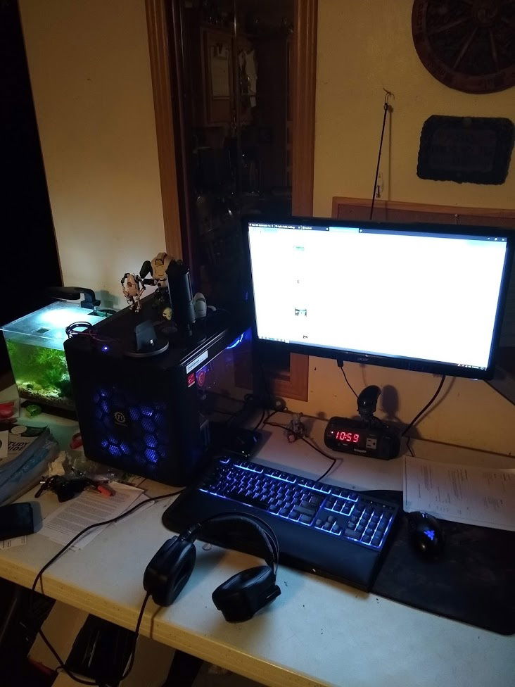 As requested, here are some pictures of my build with the best light in the room turned on. Please do not mind the shrimp tank.