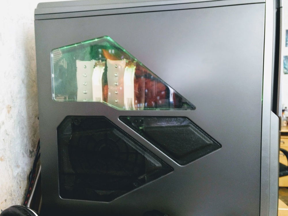 Side panel view (lighting, air cooler and massive side fan)