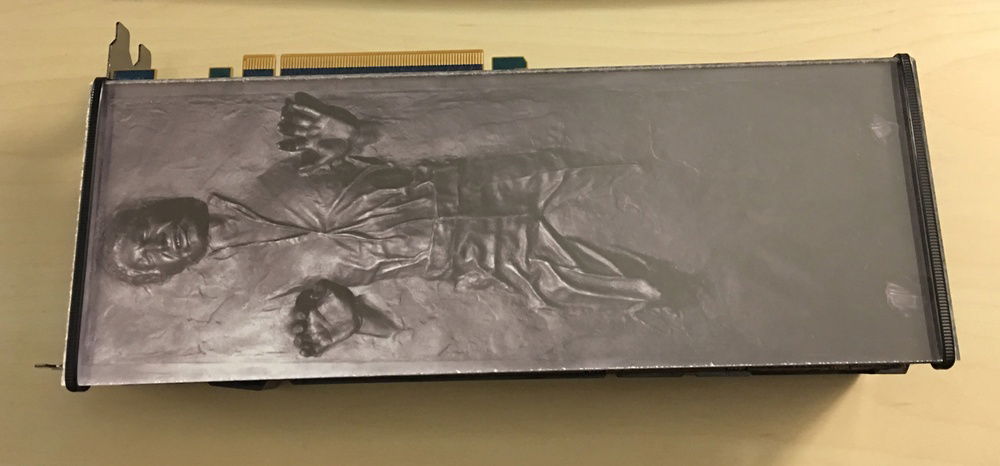 Han Solo GPU Backplate: Matte Black Acrylic Sheet on the bottom, Han Solo Vinyl Print in the middle, Clear Acrylic Sheet on top