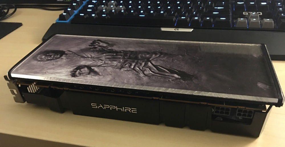 Han Solo GPU Backplate: Matte Black Acrylic Sheet on the bottom, Han Solo Vinyl Print in the middle, Clear Acrylic Sheet on top