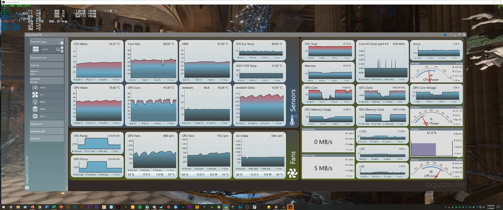 TimeSpy Extreme demo at 4K and Folding@Home CPU project at medium running at the same time. This is a good illustration of near maximum system load. This is obviously much more load than a game or a productivity task, so temps/fan speeds would be even better under those conditions.