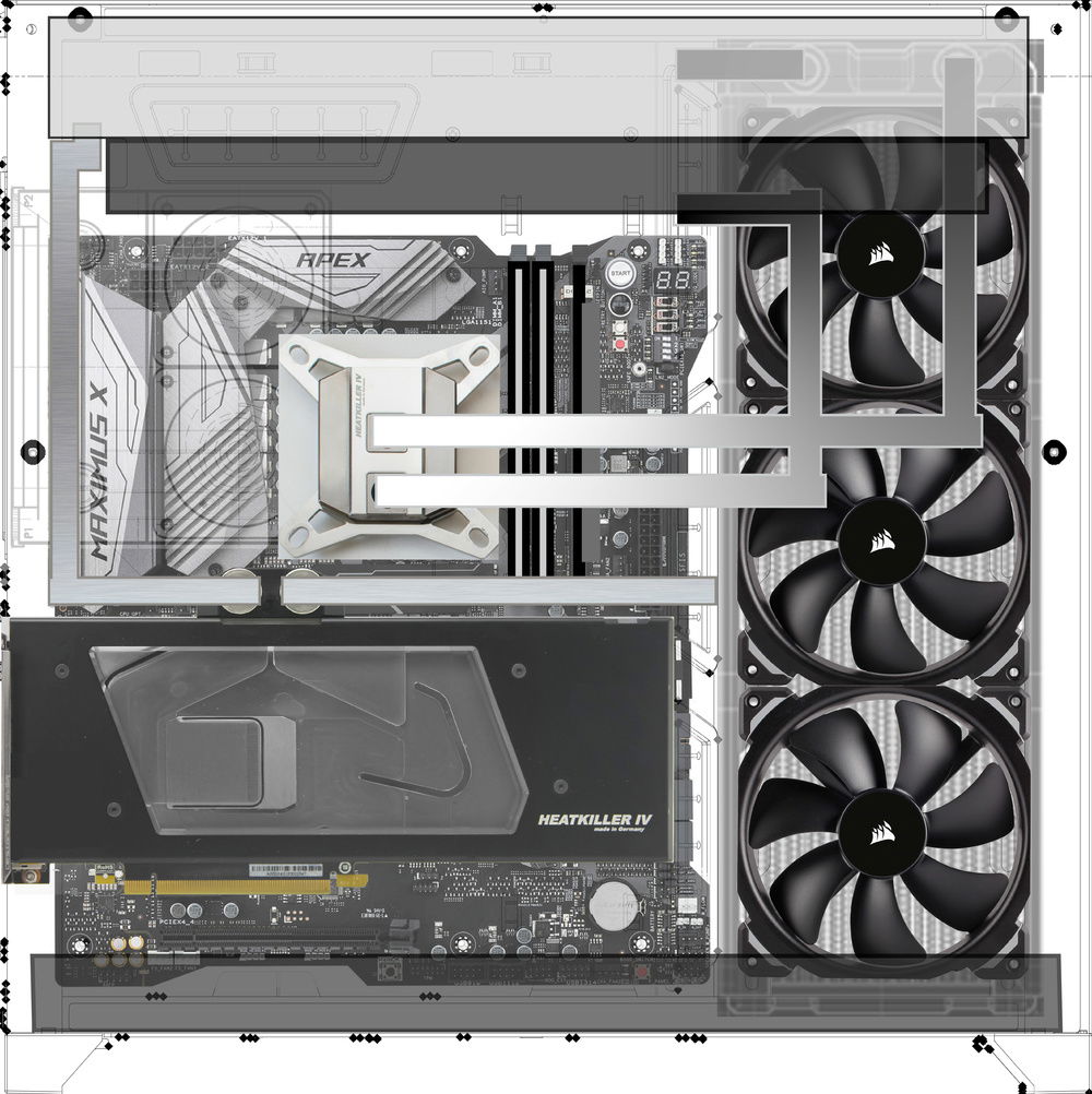 Original moc up in Photoshop. I used this for planning the loop. Everything is to scale. This helped visualize what I needed in terms of fittings and tube length. Also helped me spot potential incompatibilities before I had any parts in.