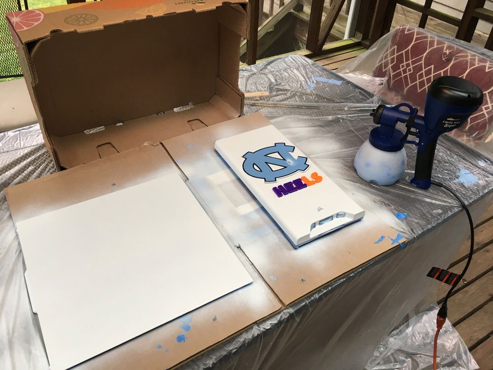 Prep of side and front panels. The front panel was a headache, do to it being plastic, and everything moving with my powerful HVLP paint sprayer. The "HEELS" part was nixed after they flew across the table, lol.