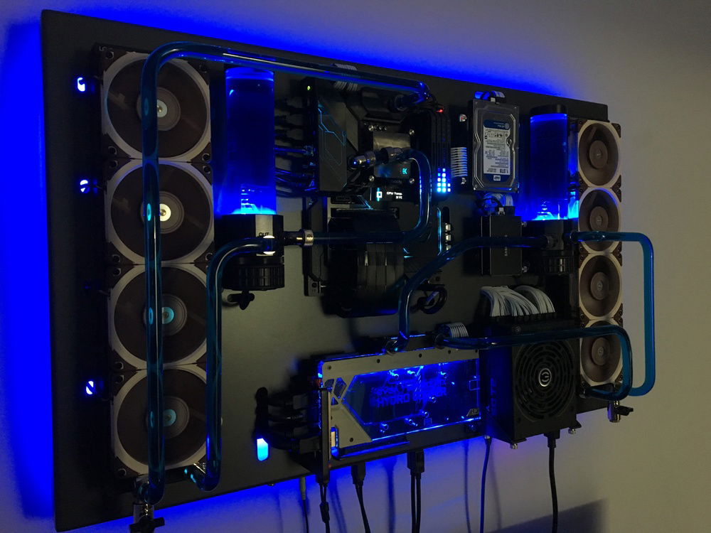 Close up, from the left
Custom Aluminum PC Wall-Mounted Case, Dual Water loop. RGB back-lit