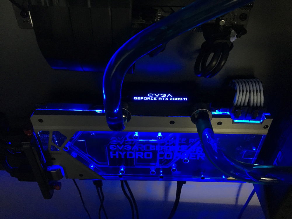 EVGA RTX 2080 Ti  FTW3 Ultra Hydro Copper, mounted on a custom vertical GPU bracket