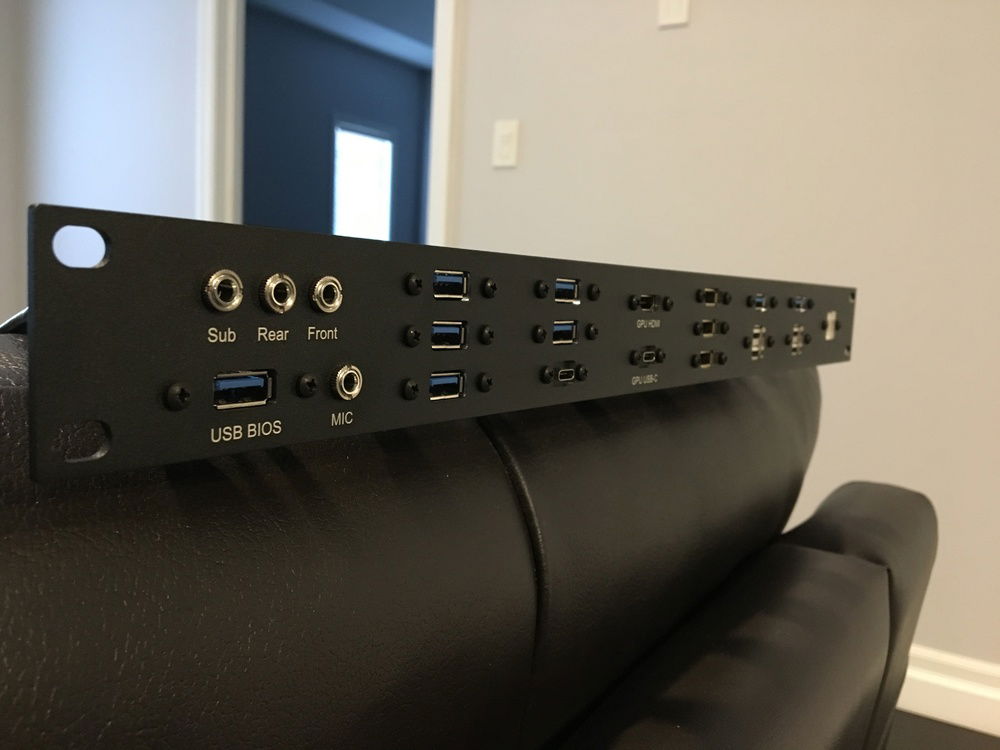 Close up of the custom DataPro 1U Server rack panel I used for an I/O front panel.  Best investment of the whole project.
