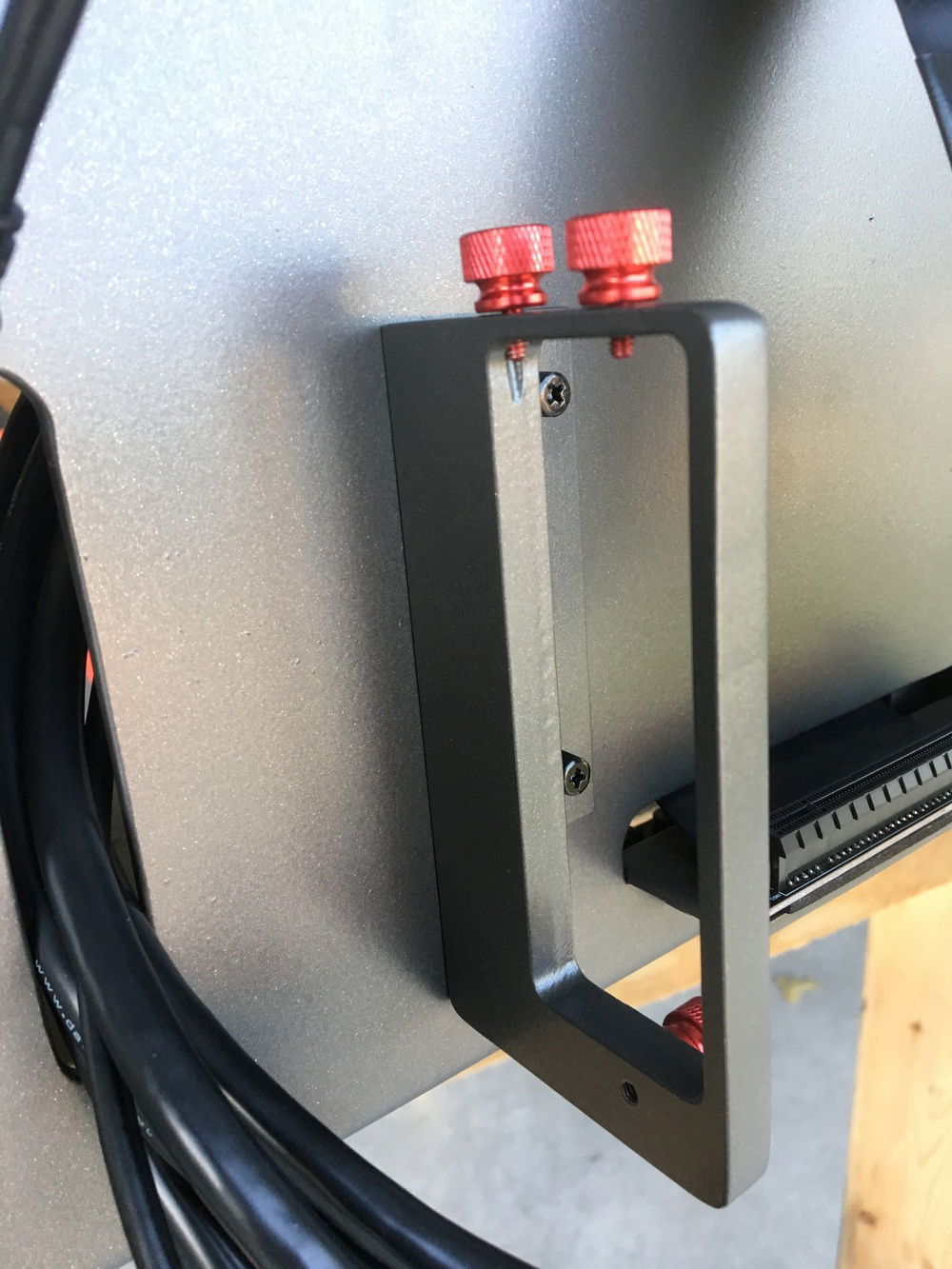 Close up of the custom GPU vertical panel mount. Fits standard two-slot PCIe Graphics cards.