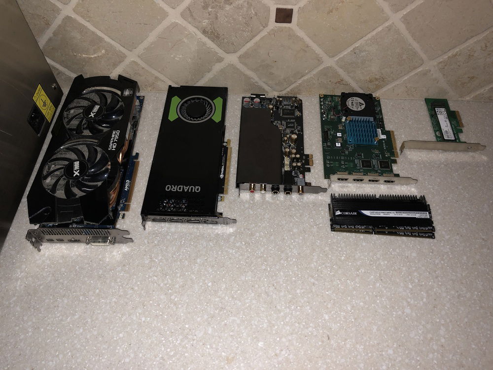 When my previous system died (Corsair H100 leaked), I pulled all of the components. The two most interesting pieces here are the Quadro P4000 and KONA HDMI (4K capture card).