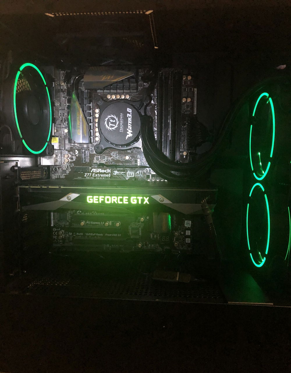 This picture is give it the spotlight show. She is performing with countless cycles of life on joy (gaming), entertaining (AutoCAD, Coding, and other software uses), and hardship(overclocked to 4.0 GHz @ 1.20V. She slowly declining because of her age (Ivy 3770K) , with some malfunctions(pushing overclocking which is max at 4.0GHz, sudden program shut down when gaming current gen games, and AutoCAD) that shorten her act. Everything she tries with props(GTX 1080, SATA SSDs, & AIO Cooler) does help, but later for her checkup she had be diagnose with a small tumor on the upper right in her heart (thermal ceramic paste that is inside the socket).  It's only a matter of time that every time she perform might be her last.  Her manager who support with her act is unable to afford the rent of the theater and might put her to retirement. (Giving this computer to it's full potential before considering a new mobo, processor, ram, and PSU).