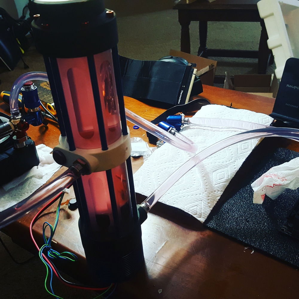 Cleaning the old blocls and radiator with Mayhems 2 part cleaner.