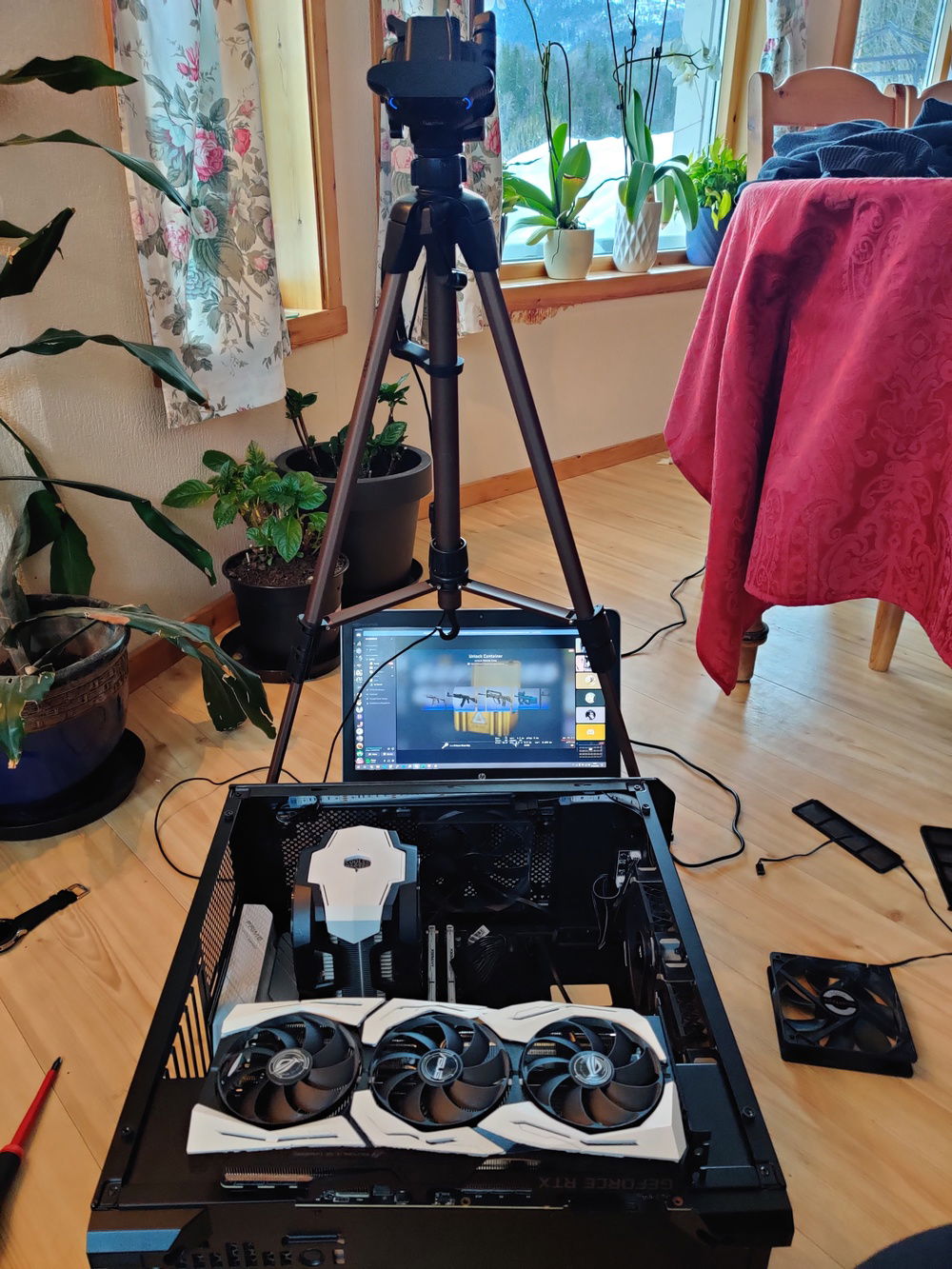 Spring cleaning, almost complete disassembly for dusting and cleaning giving a nice look at the GPU's white finish. 
There are some slightly jagged edges just beneath the edges due to plastidip and masking tape-incompability :D