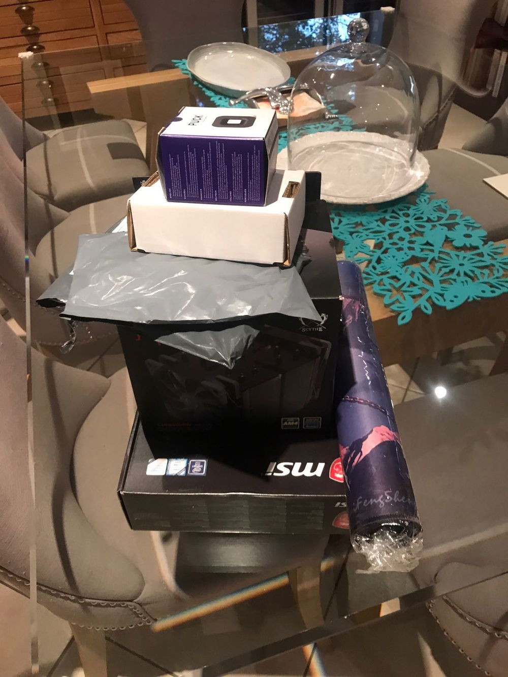 New Parts! 8600k, mobo, the Scythe Ninja 5 cooler, and some small bits and bobs.