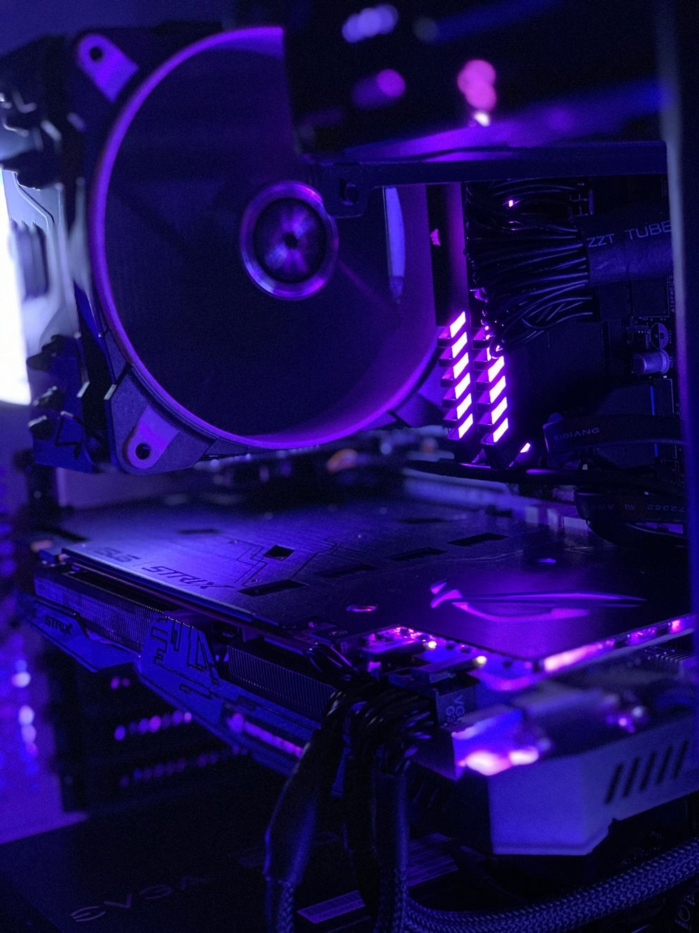 Close up of CPU Cooler, GPU, and Ram