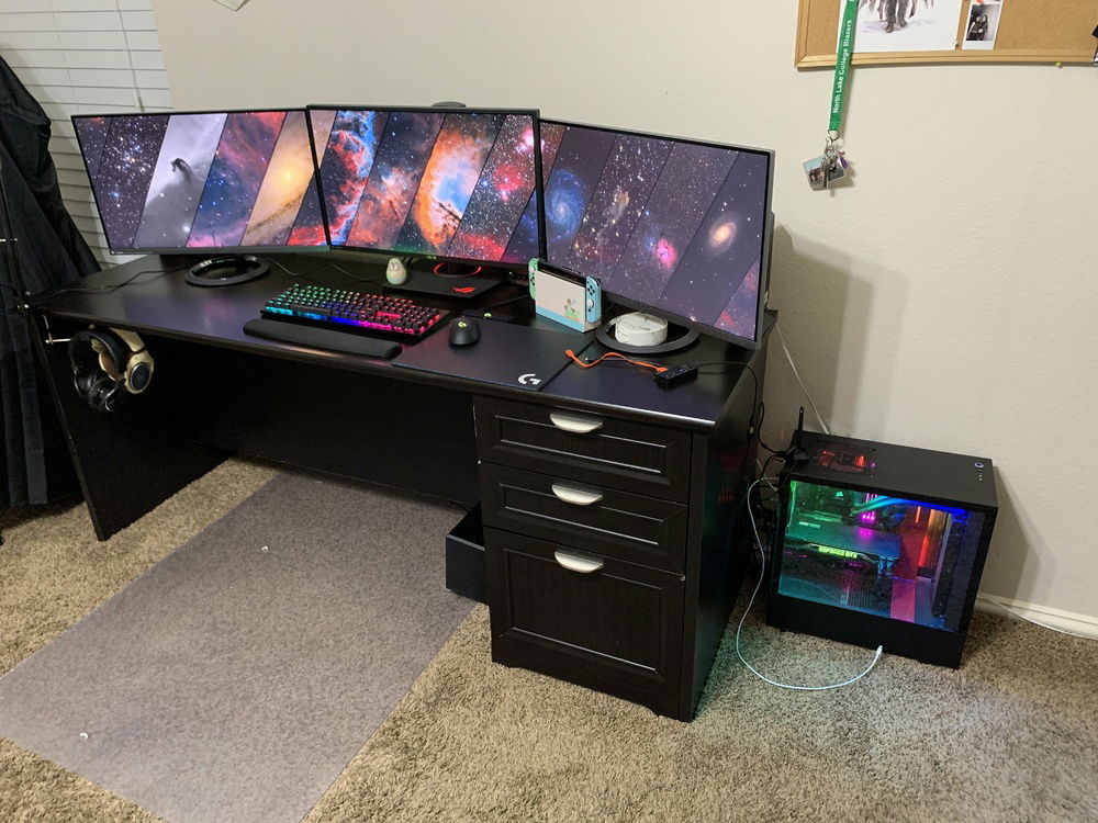 My most recent photo. What's not shown is: 
- Microphone arm 
- The PC is set on top of an IKEA side table
- Dual monitor setup now since wife received one of mine.
- PC is surrounded in anime figurines, pls no hate