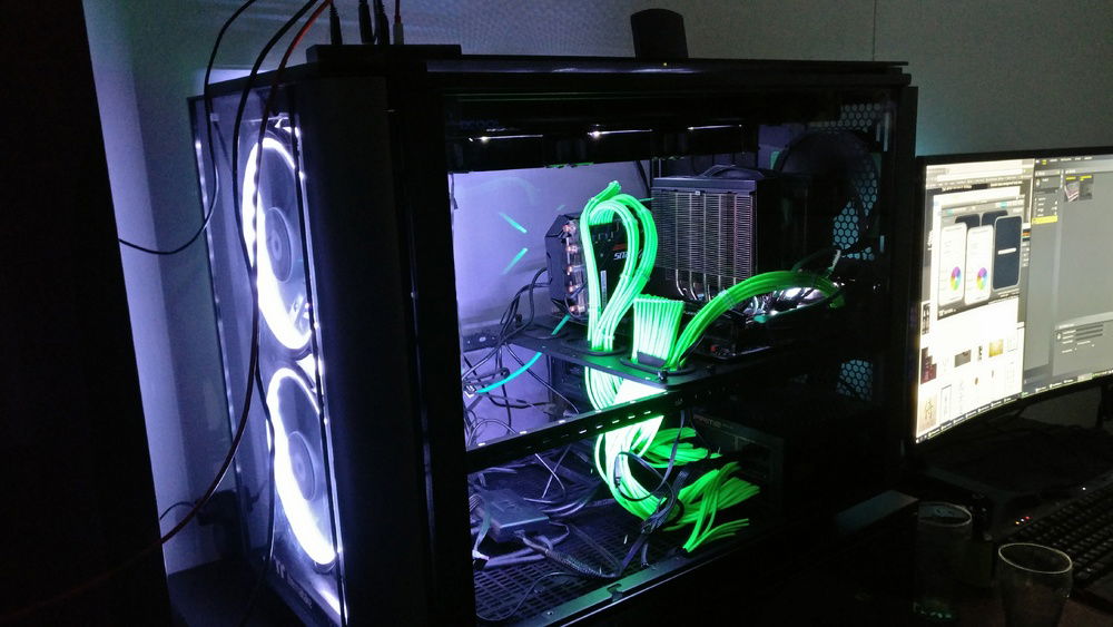 Sideshot with current state, using white lights to better illuminate insides.
I'll be covering the bottom half with acryl plate with custom graphics on it. Wondering about placement on Pump/res combo, should I close the "top" side of it too or not and make holes for reservoir/tubing on acryl?