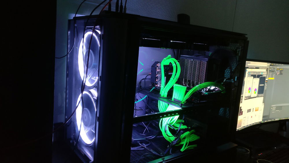 Sideshot with current state, using white lights to better illuminate insides.
I'll be covering the bottom half with acryl plate with custom graphics on it. Wondering about placement on Pump/res combo, should I close the "top" side of it too or not and make holes for reservoir/tubing on acryl?