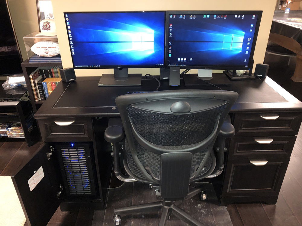 Desk setup, build is in the cubby with cabinet fans to remove heat.