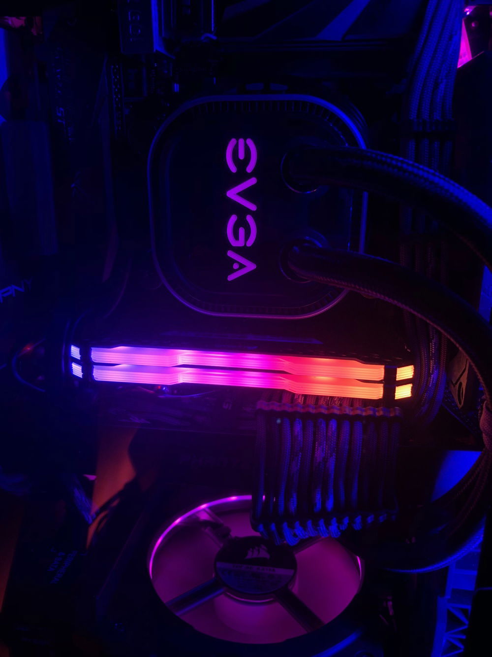 Motherboard side, with new memory installed and custom cables