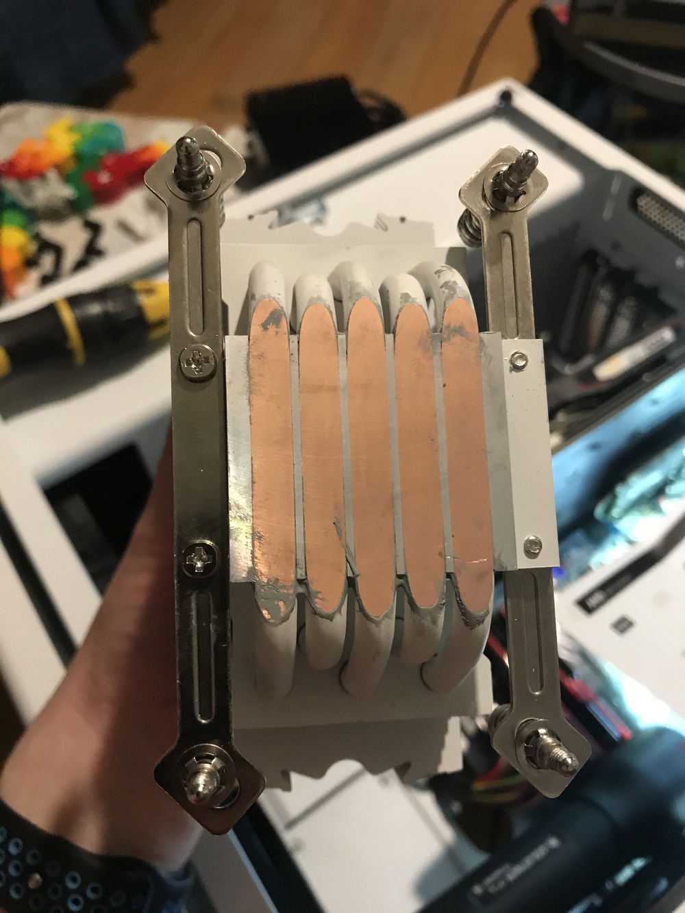 Note to self next time check the instructions. Brackets go under contact plate over hang and screwed from below( see left bracket as correct in pic)