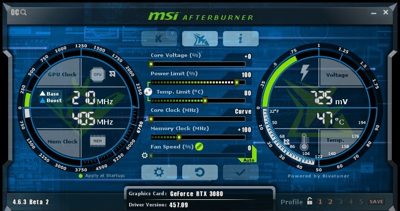 MSI Afterburner - curve overclocking and +100MHz VRAM