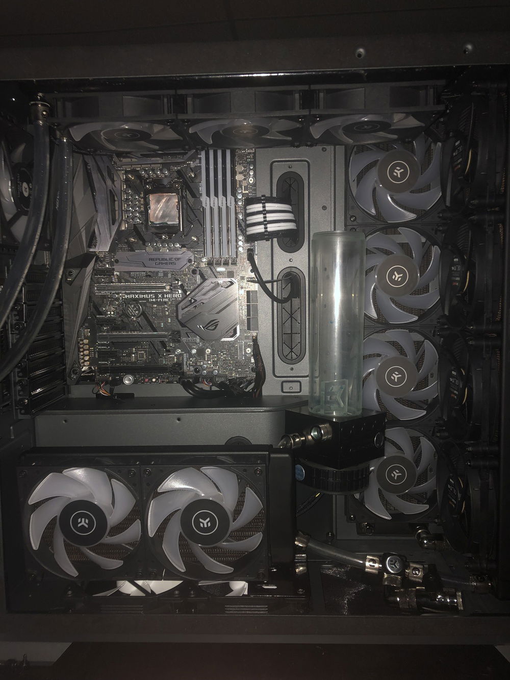 Mounted motherboard, ran cables and test fit top radiator