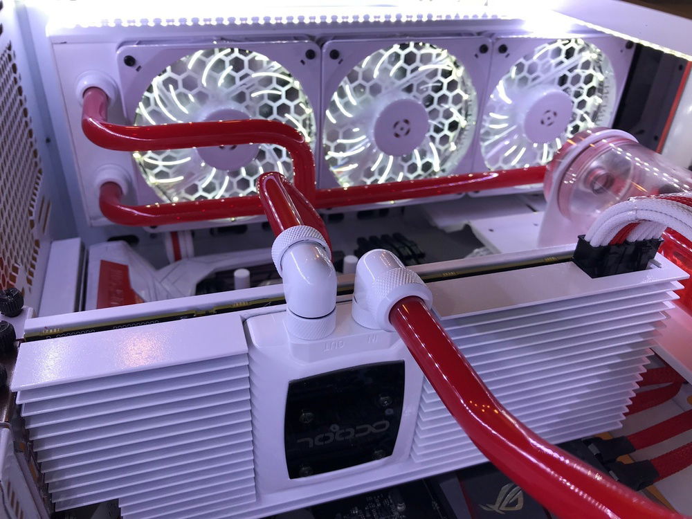 Bottom up view of Graphics Card water block and 360 radiator