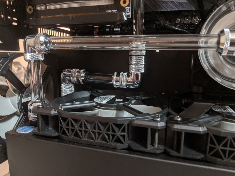 Front line at the base is not parallel, I was short on an offset fitting... Next tear down I'll definitely fix it.  Behind the GPU is a slew of extensions as well, need to redo this run later on once I get some tube to tube 90s