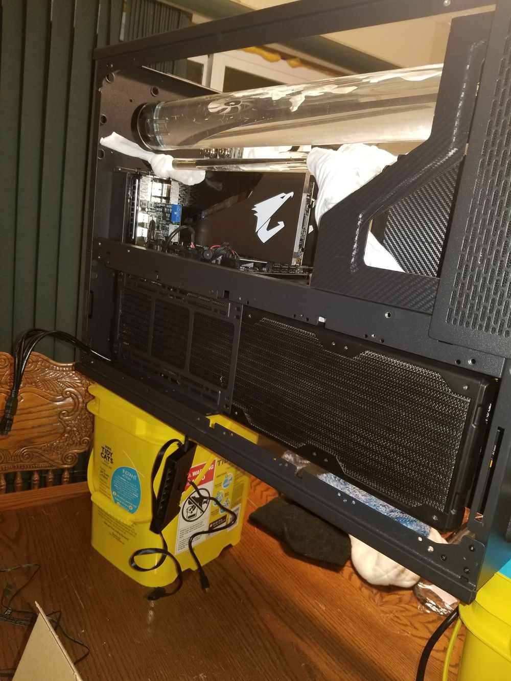 I left the rags on for the full system Blitz part 2 since I would be tilting the case all different ways to evacuate all the air.  Laying it on it's back works well.