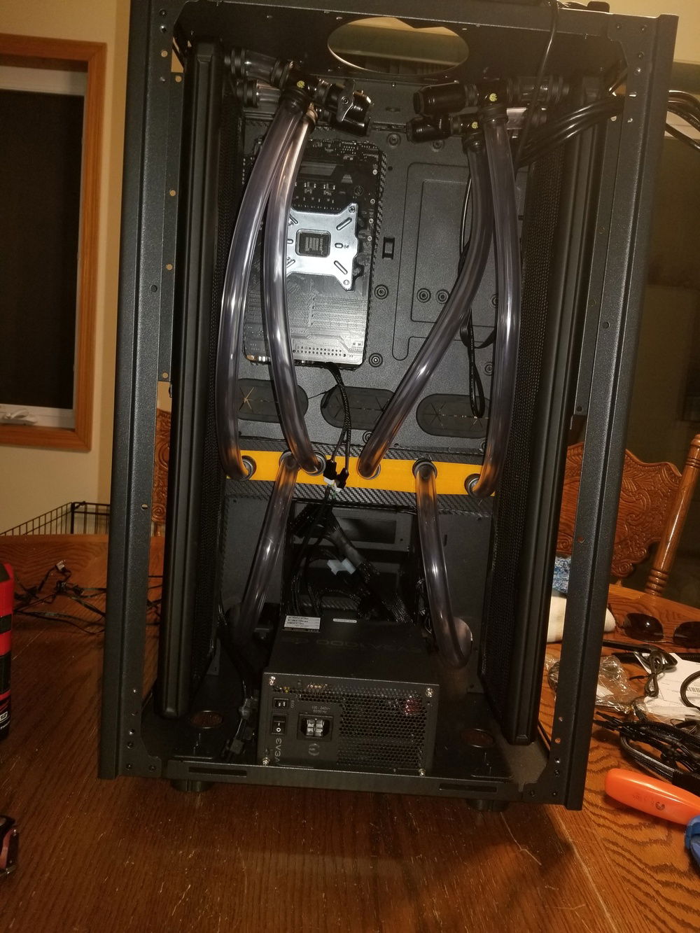 Radiators mounted in the case and soft tubing run.  Took all of about 10 minutes to run the soft tubing, whereas the hard tubing took about 10 hours to get perfect.