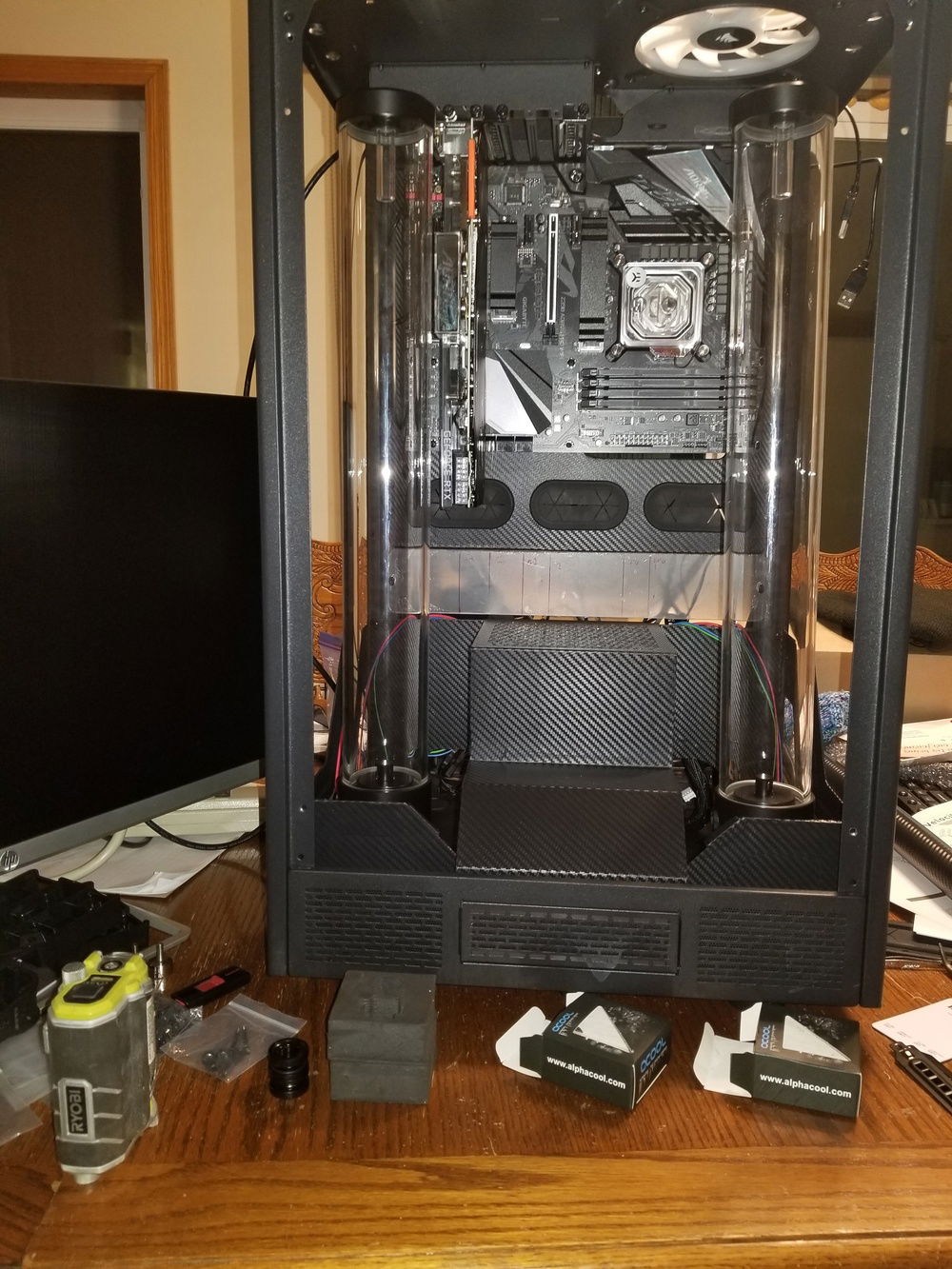 Some test layout lines for where the water lines will come through after several rounds of test fitting and fine tuning of the plate.  I'm only going with one RTX 2080 for now, but want to make it easy on myself if I add a second in the future, so am adjusting my line configuration to accomodate that.  Almost time to start building loops.