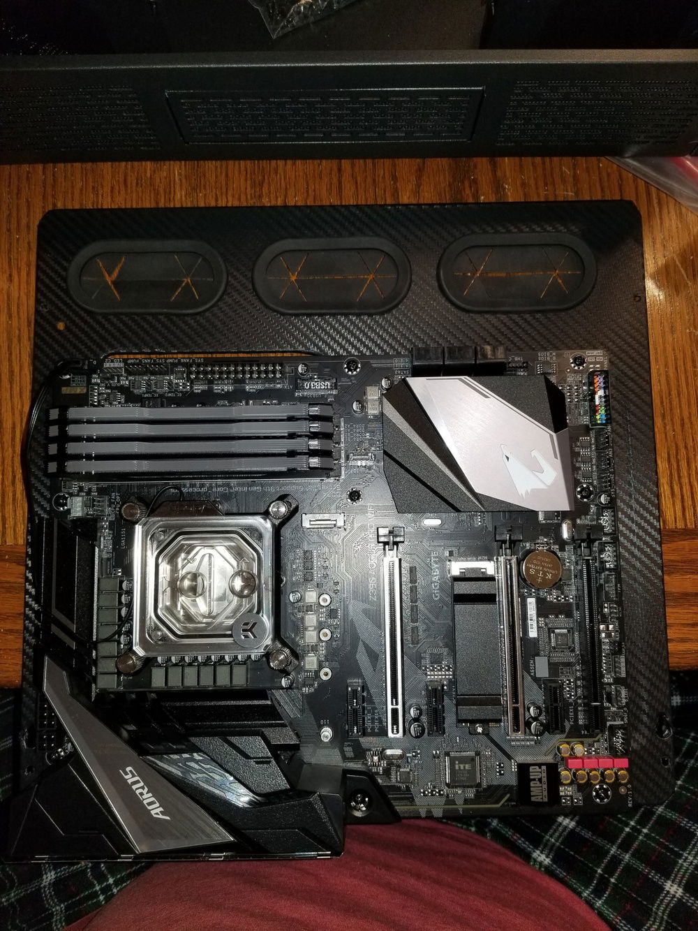 Motherboard reinstalled, this time with the EKWB Velocity D-RGB CPU block.