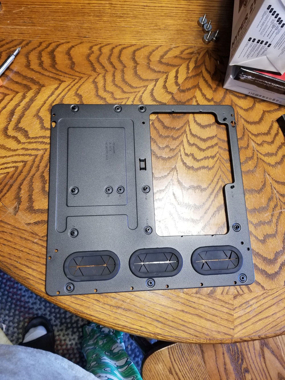 The motherboard tray comes out, making installation easier.  This will be getting wrapped in some carbon fiber vinyl.