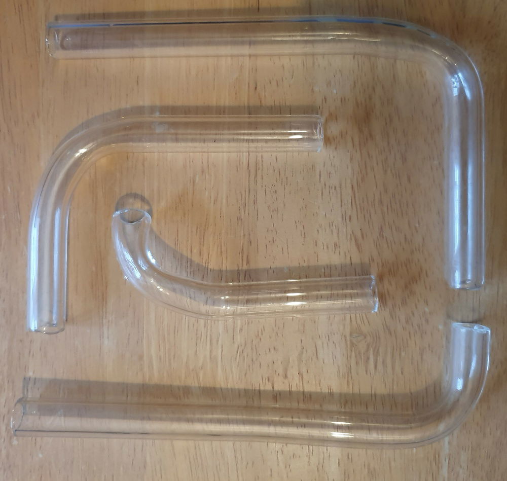 Glass Pipes - Self bent (can you tell lol!) I bought straight 16mm OD Boro tube from a glass supplier and bent and shaped with a MAP Gas torch.  The ends were cut with a diamond blade cutting disc and flame polished.