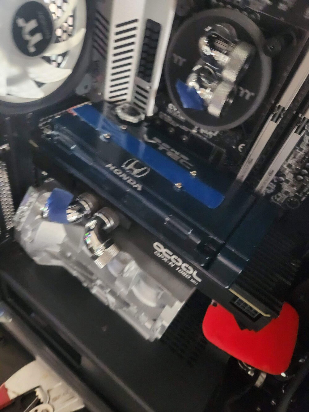 Test fitting the block and valve cover over the GPU Waterblock.