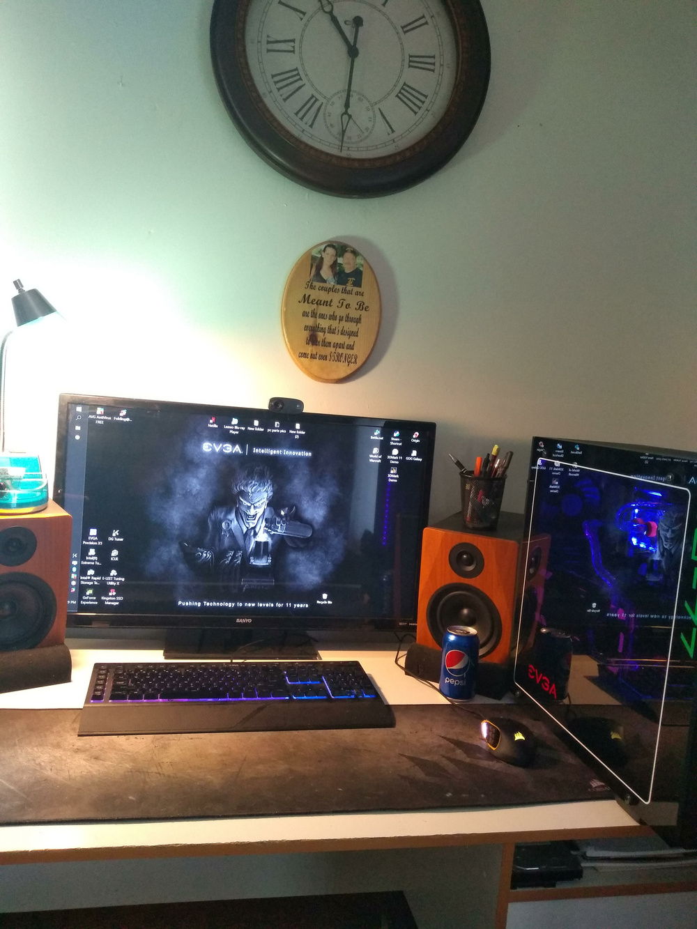 in all its glory.  mouse pad suck`s need a new one, bigger one really to cover the full desk top and need to mount the AMP 5 studio speakers off the wall, and a new monitor to boot ..  The sanyo TV does good, but its not 1080P and 4k ..