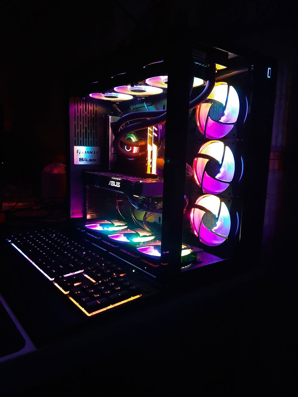 My system before the custom loop. The amount of RGB and fans were already overkill.. (Mar 2019)