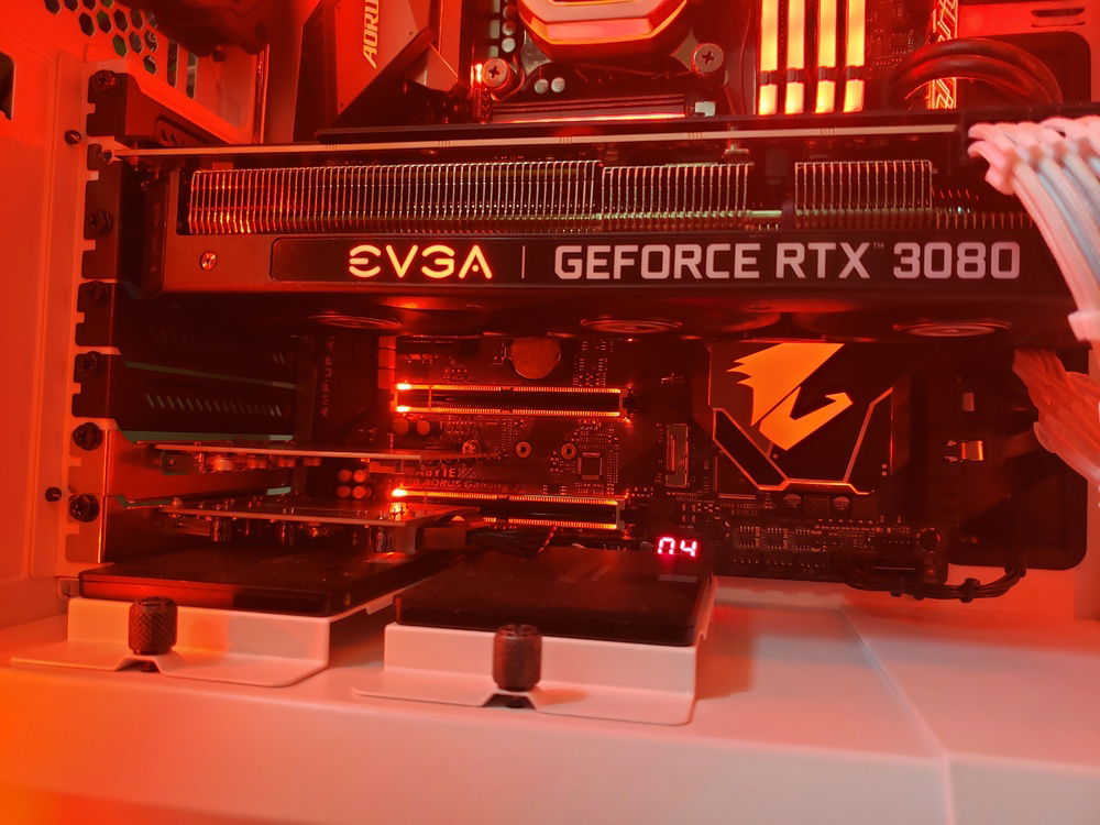 A good look at the EVGA RTX 3080 with RGBs set to red.
