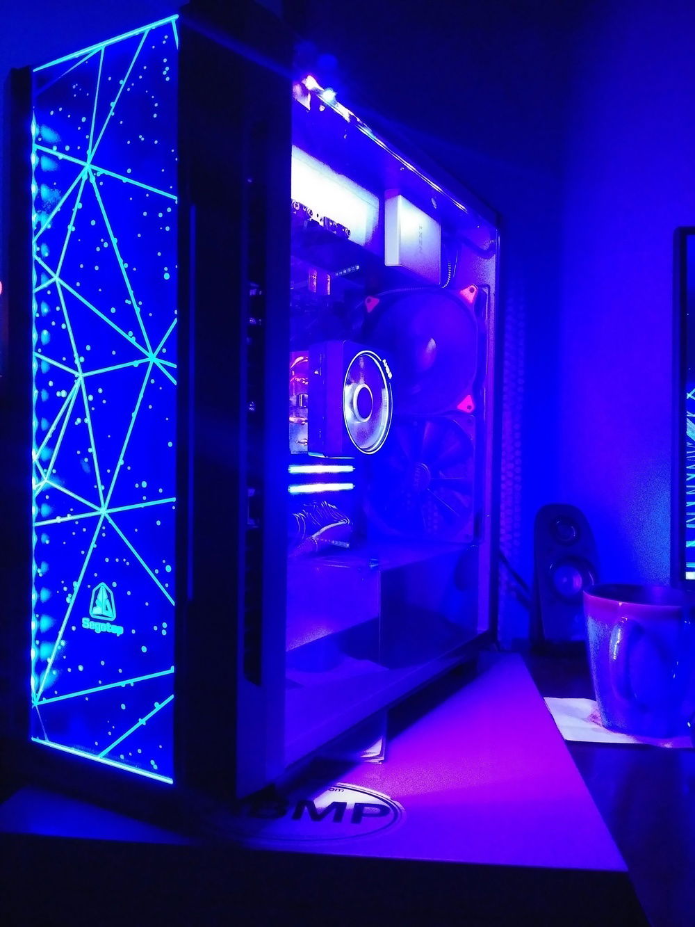 I good off angle shot to show the front and interior Purple and Blue RGB lighting.
