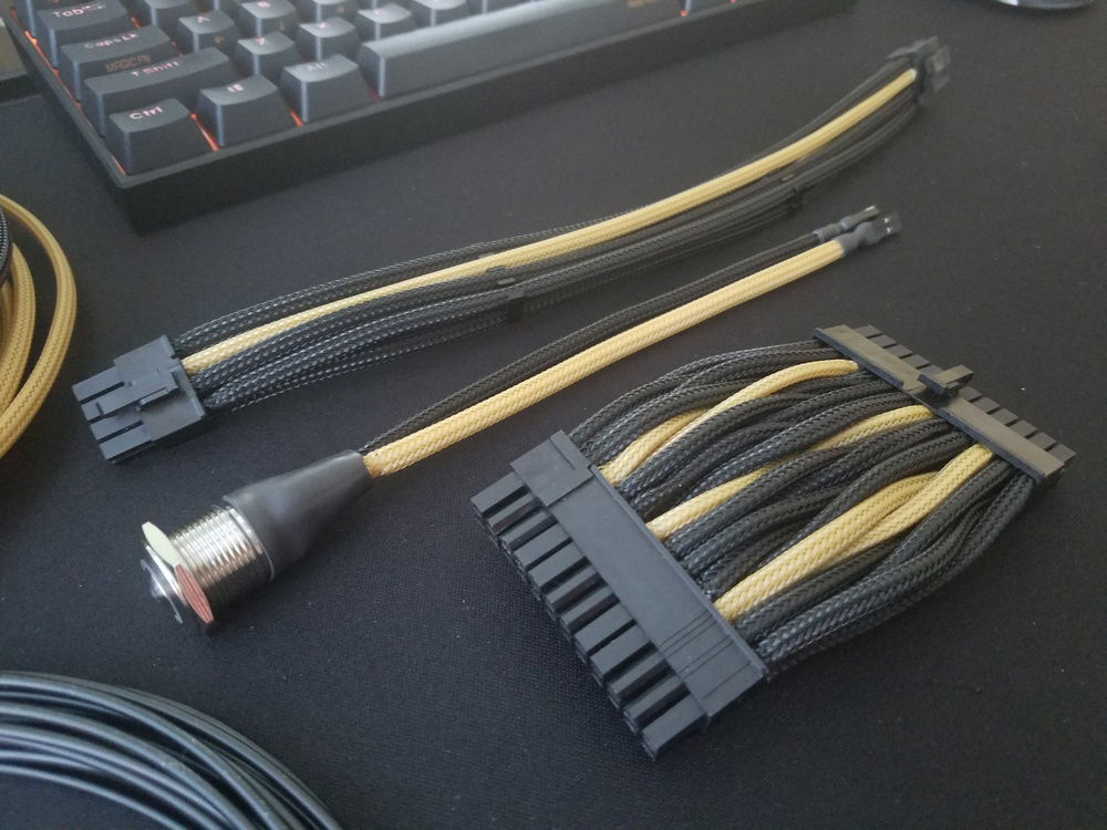 Power button, HDPlex 400W AC/DC CPU cable, and motherboard power cables complete. Later I will discover that the sleeving from the motherboard power cable will need to be removed due to space restrictions.