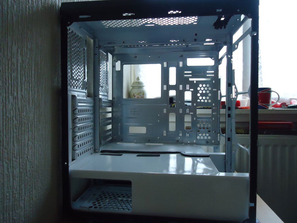 Spray the far right back motherboard tray  chrome silver and the front  PSU shroud case white