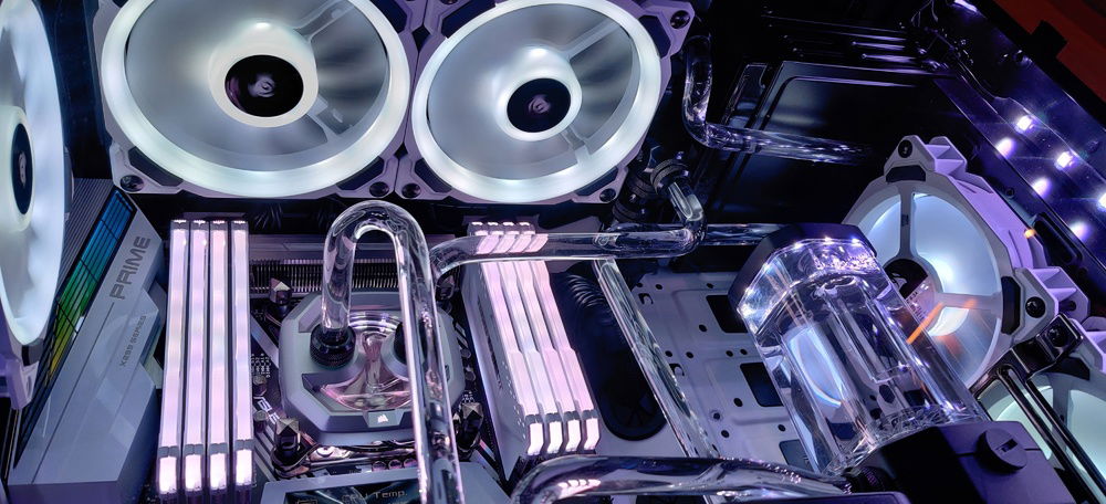 Corsair lighting off of custom water loop covering an Intel i9-10900x on an Asus  Prime X299 Deluxe II