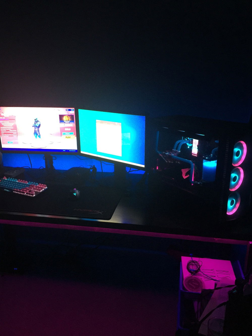 Complete Setup. I use a custom built desk with a Hyper X Fury Mousepad, a Razer Basilisk v2 mouse, a GMMK TKL keyboard with Matrix cotton candy keycaps, a 240 hz monitor for gaming, and a 144 hz monitor for streaming. I use Astro A40's for my headset.