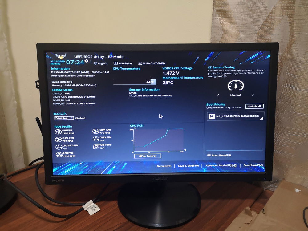 Verifying BIOS, enable DOCP and set memory to 3600MHz, tuning fans