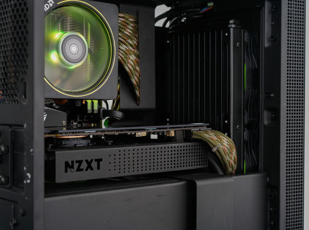 The NZXT G12 bracket coupled with a Thermaltake AIO 240 AIO. I didnt want to pay the extra $50 dollars for the NZXT fancy pump block that was facing down so I chose TT. It has a common asetek mount so it all fits together.