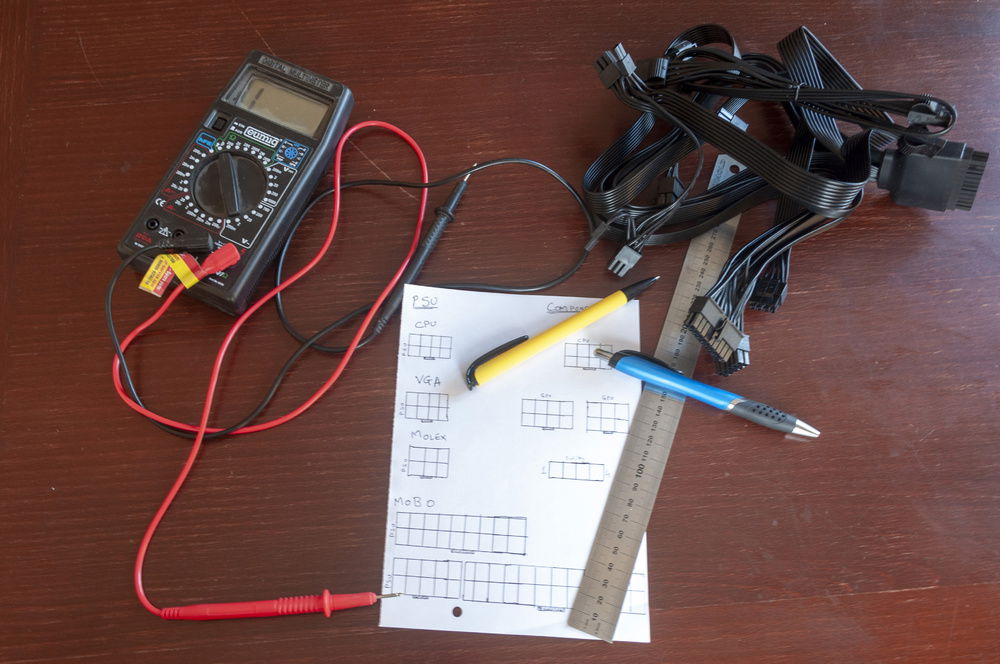 With the painting out of the way, it's time to get to reverse-engineering my PSU cables. I couldn't find a pinout for the Whisper M 650W anywhere, but I'm glad @GTS81 told me how to figure the cables out. I'll write to BitFenix and once I have some sort of confirmation, put together a chart other folks can use :)