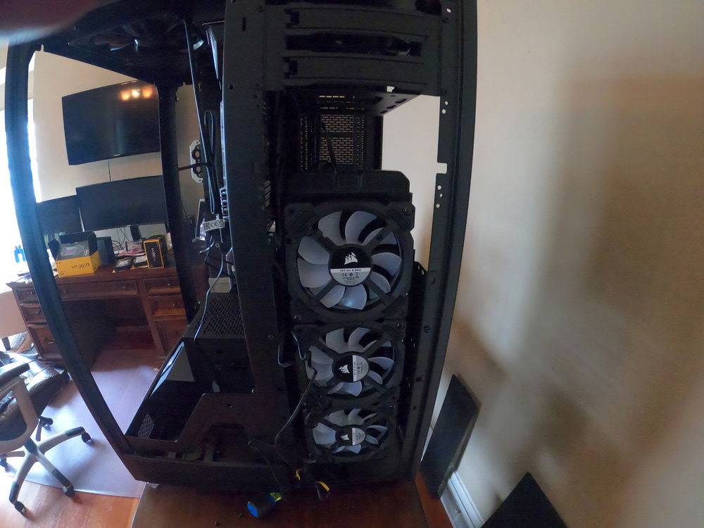 April 21 - Affixed Hardware Labs Nemesis 360 GTS radiator with three Corsair LL120 RGB fans. These will cool the motherboard mono block loop