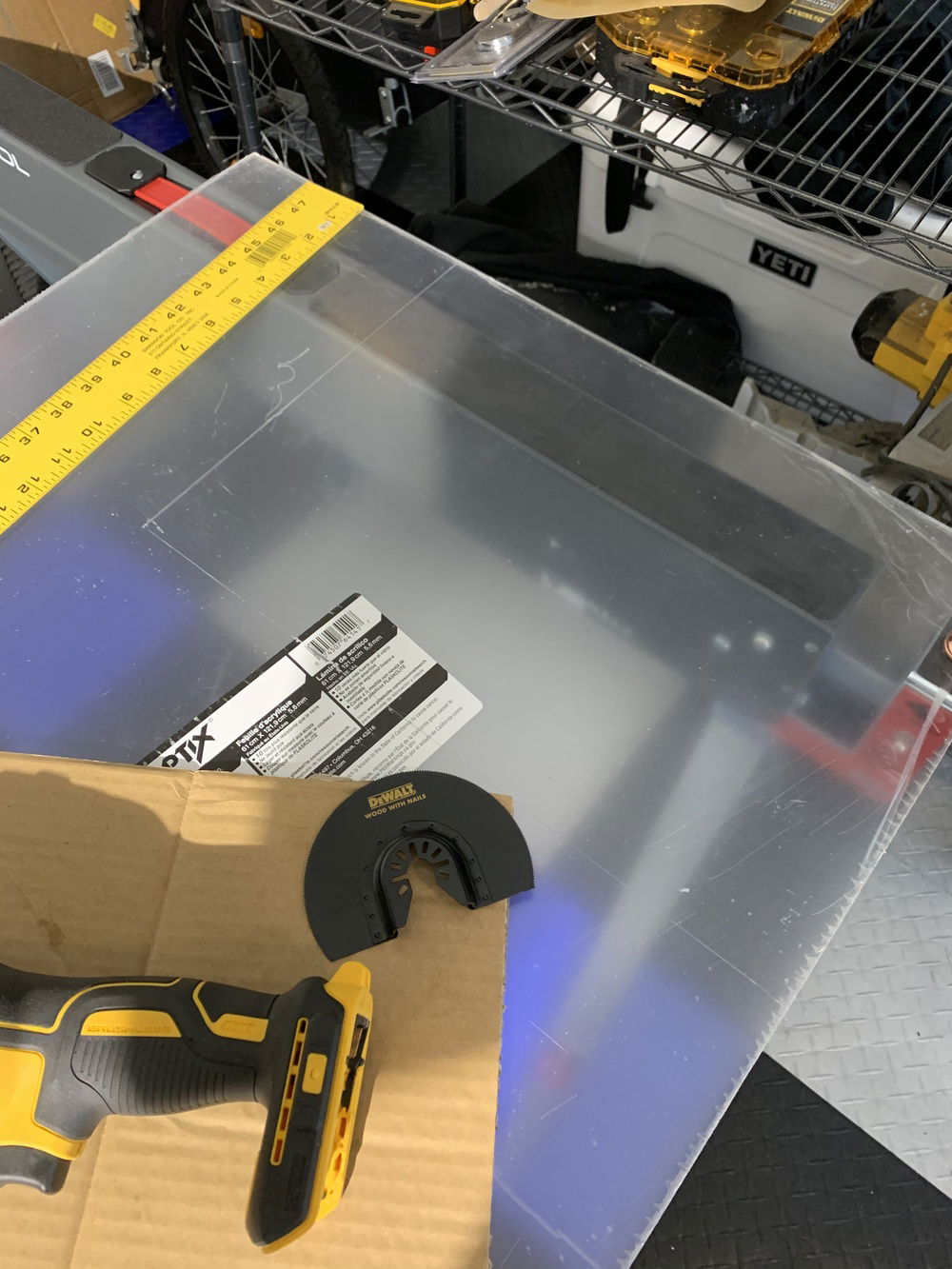 April 22 - Making an acrylic internal back panel for tube holes, fan, wire outs and base for internal shelf bracket.