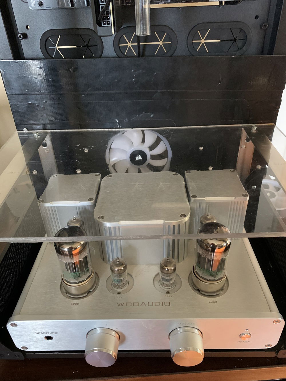 Added a location for Corsair LL120 RGB fan for amplifier cooling. Not pretty but getting there. Might go with Thermaltake Riing (mixed fan set-up).